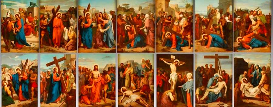 Le 14 stazioni che illustrano la passione di Cristo, dalla condanna, alla crocifissione e alla deposizione