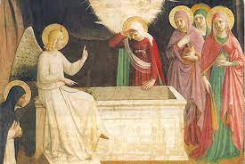 L'Angelo seduto su un sarcofago vuoto annuncia alle donne che Gesù è risorto
